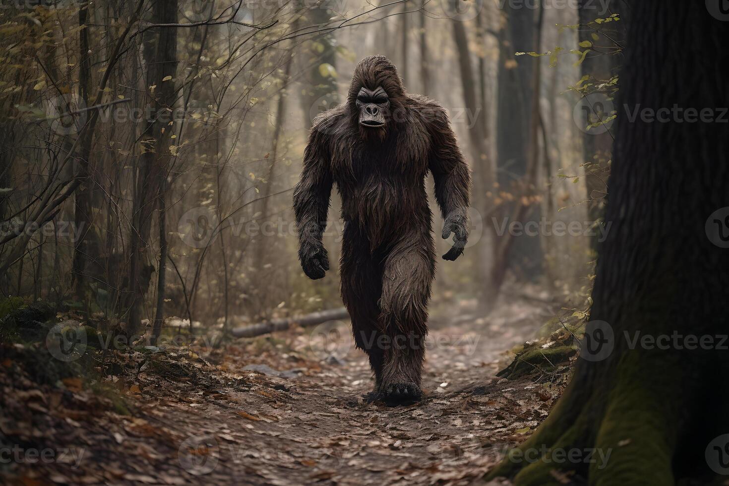 AI generated bigfoot in the woods walking at day time, neural network generated photorealistic image photo