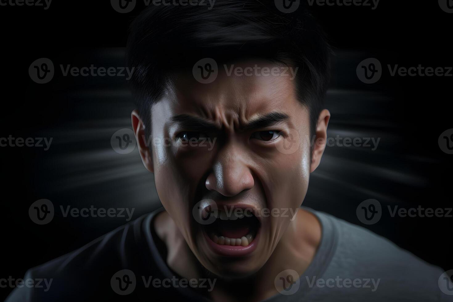 AI generated Angry young adult Asian man yelling, portrait on black background. Neural network generated image photo