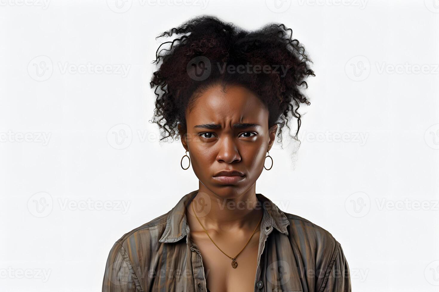 AI generated Young adult African American woman, head and shoulders portrait on white background. Neural network generated photorealistic image photo