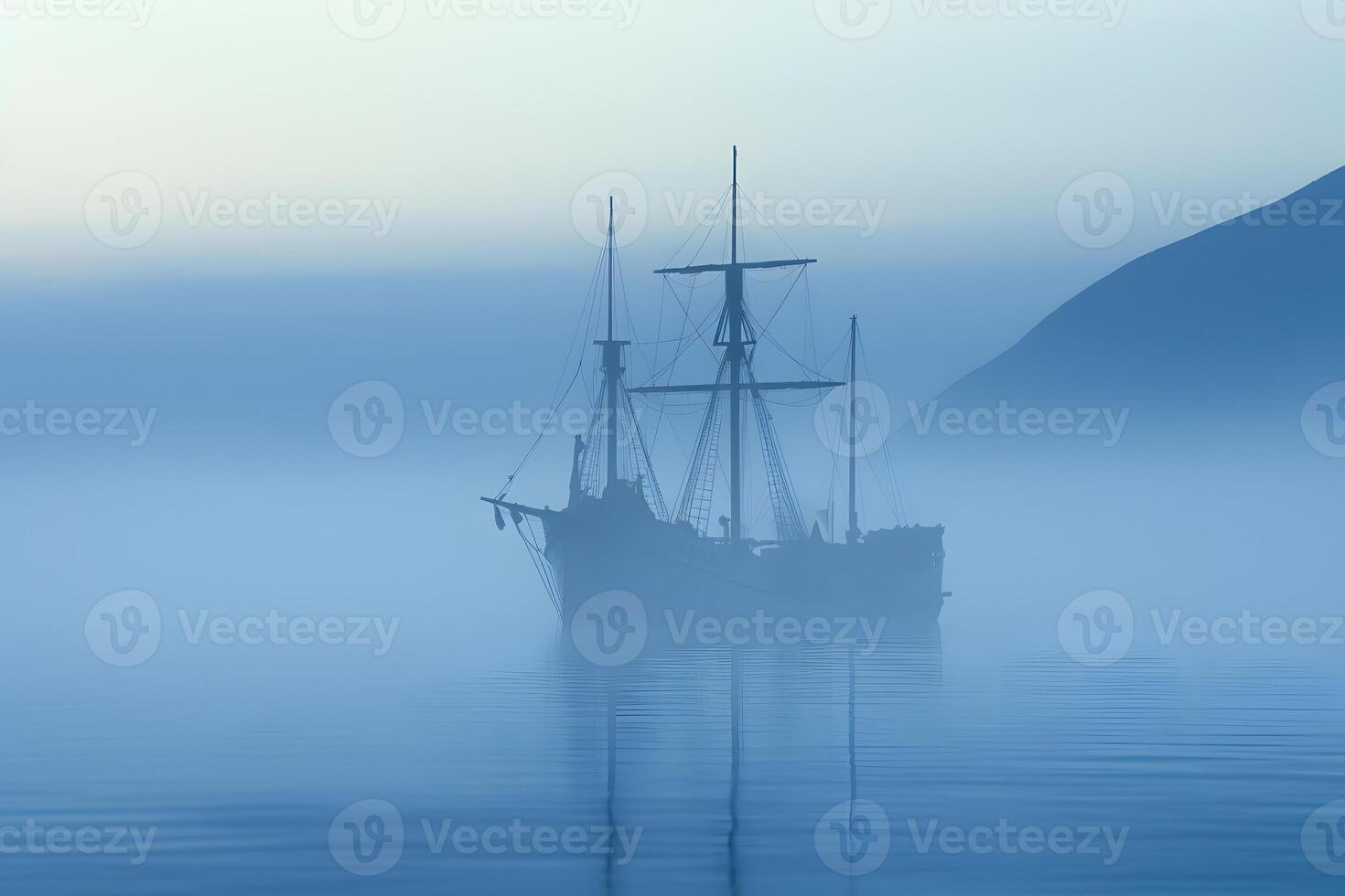 AI generated spectral ghost ship at foggy morning or evening. Neural network generated image photo