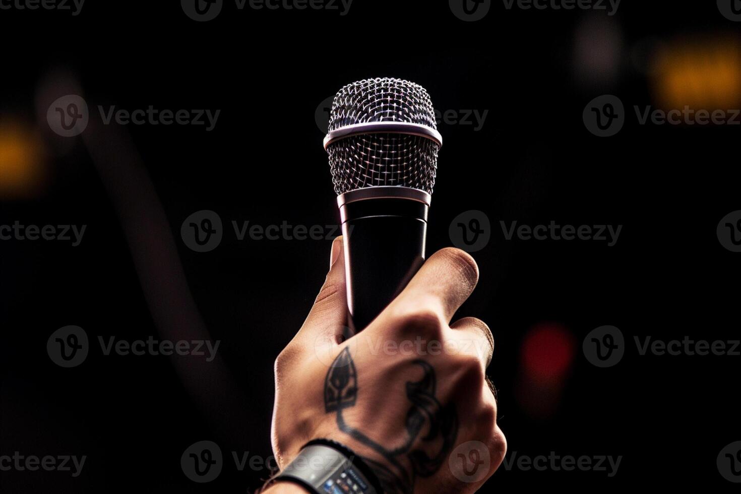 AI generated close up of hands holding a microphone close up of hands holding a microphone bokeh style background with Generated AI photo