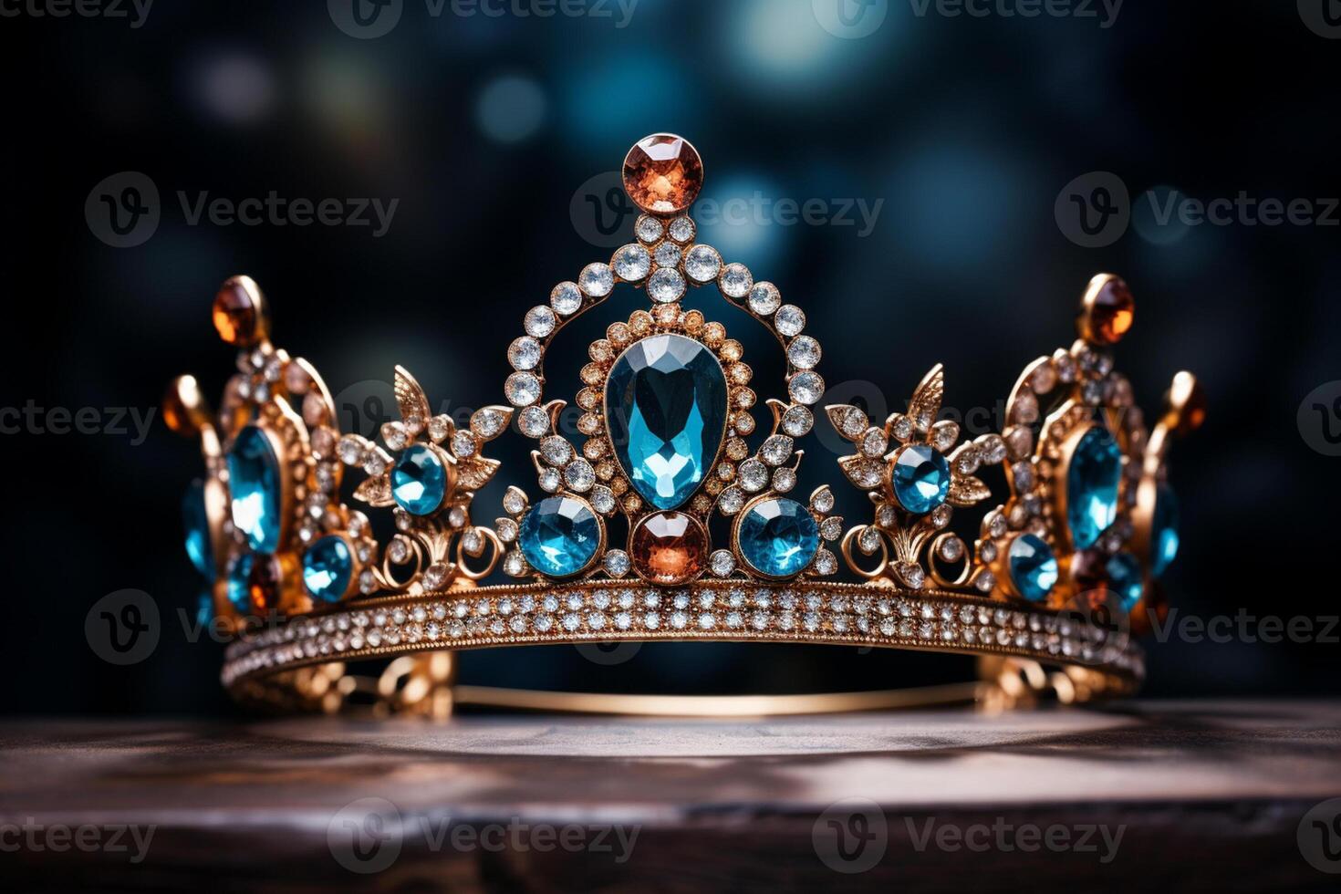 AI generated a blue diamond crown on wood table bokeh style background with Generated AI photo