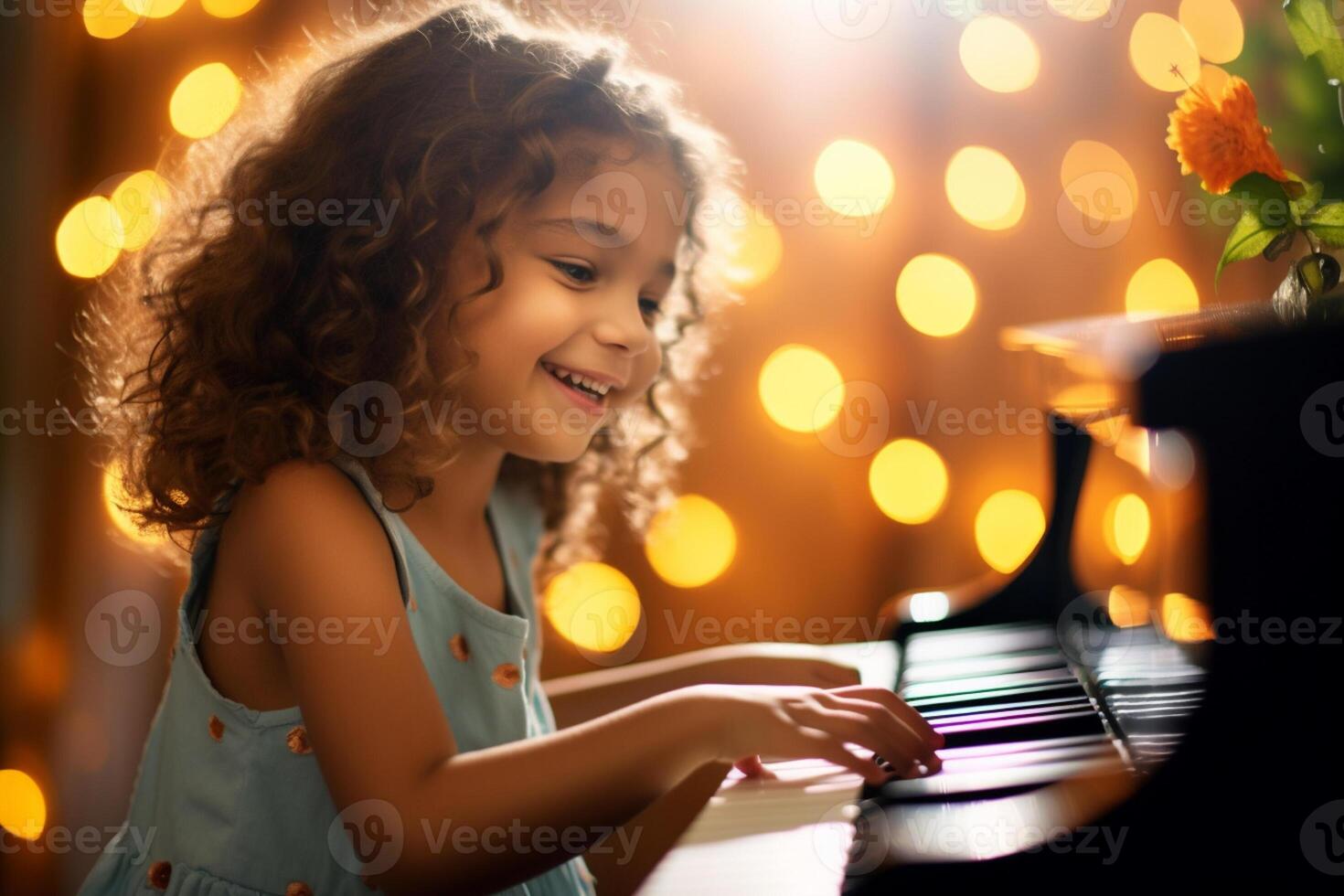 AI generated a girl playing piano in living room bokeh style background with Generative AI photo