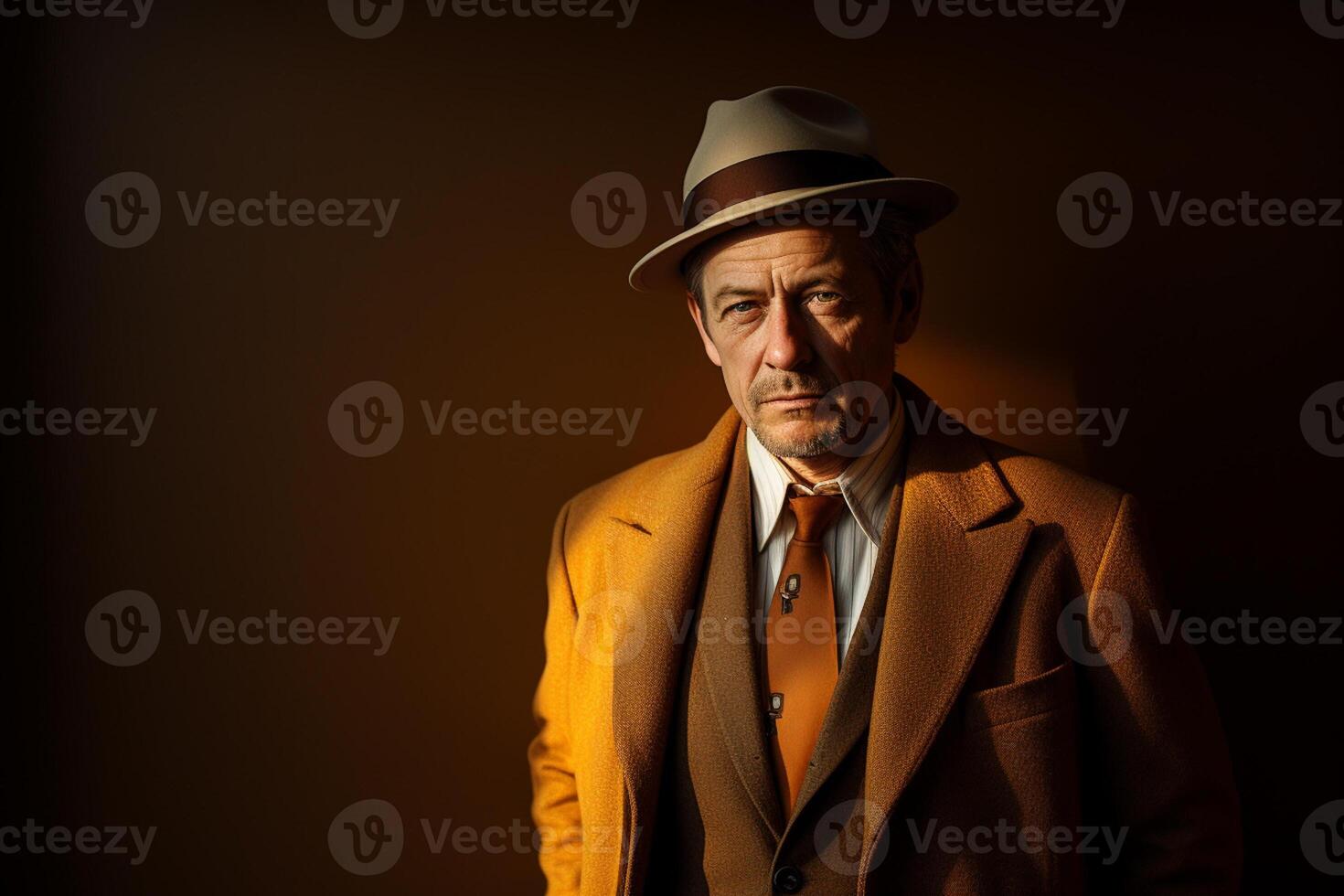 AI generated handsome middle age man model wearing brown suit with Generative AI photo
