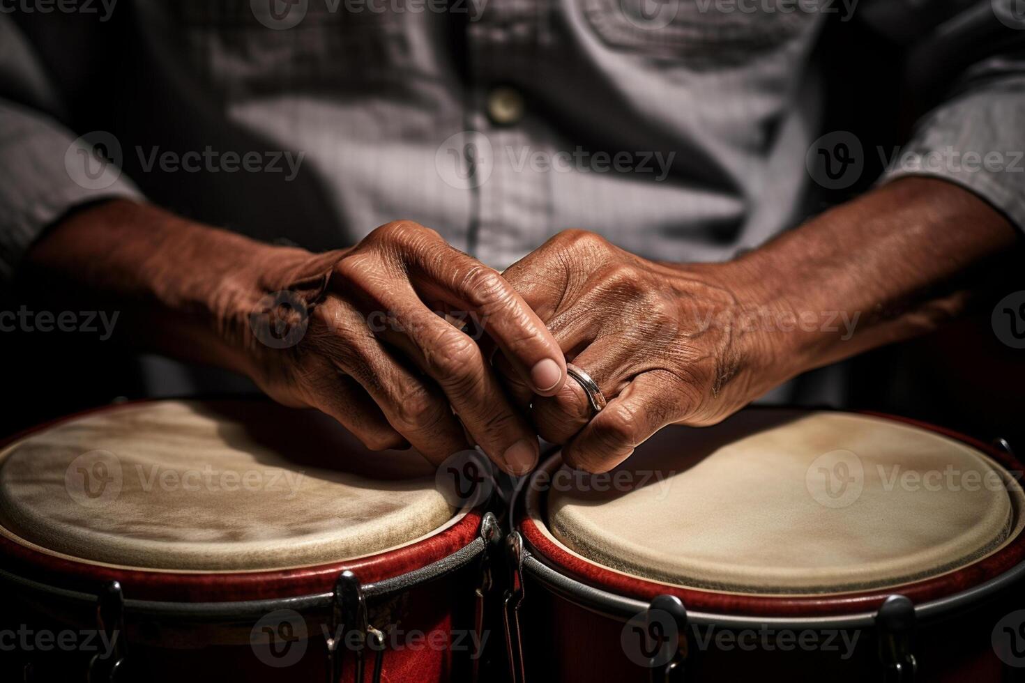 AI generated close up of hands playing drum bokeh style background with Generated AI photo