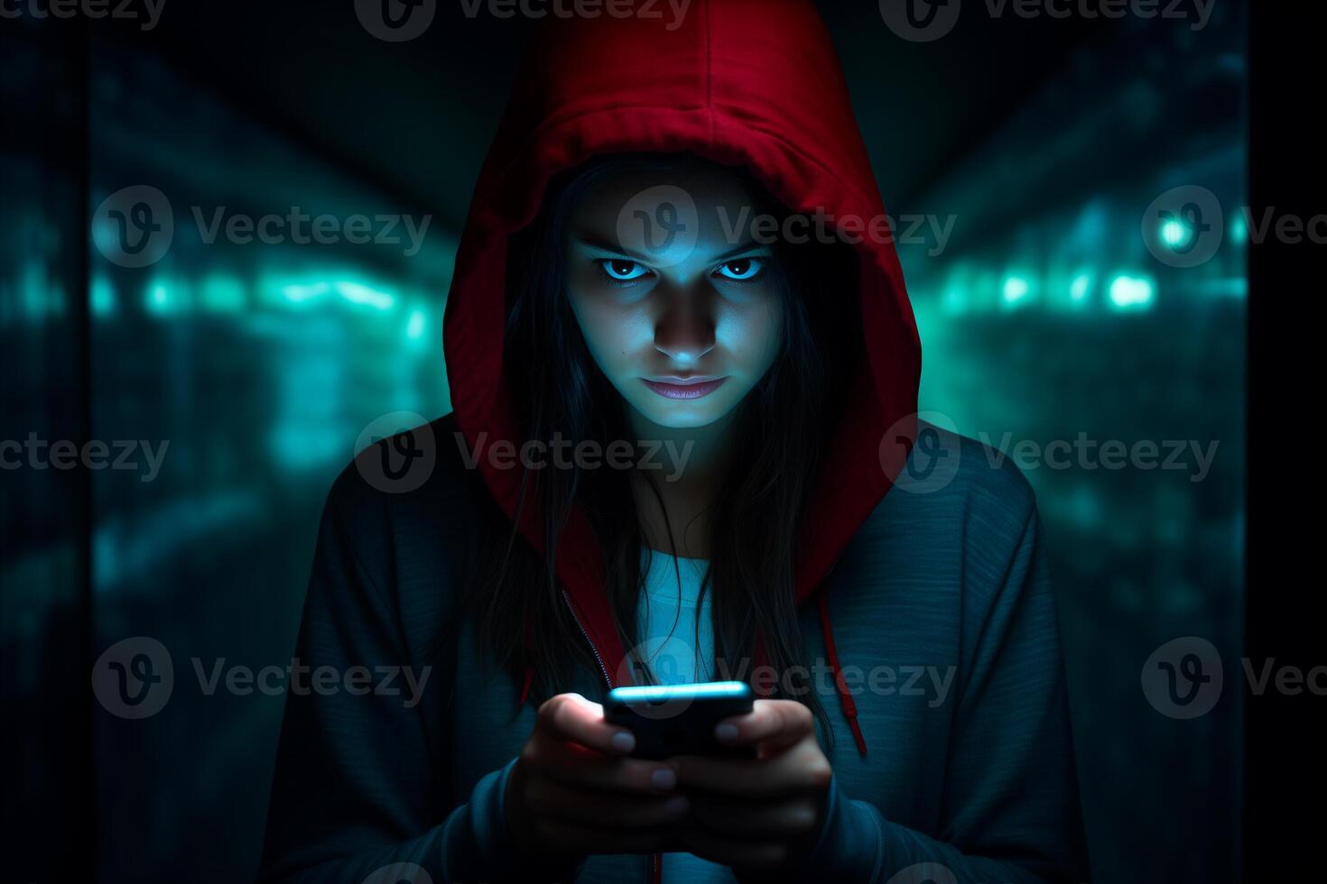 AI generated female hacker hacking from phone with generative ai photo