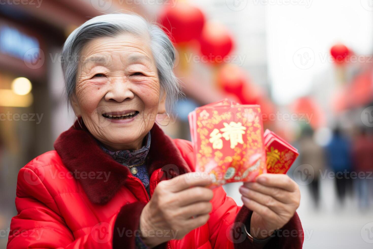 AI generated chinese grandma wearing traditional suit and holding aungpao bokeh style background with generative ai photo