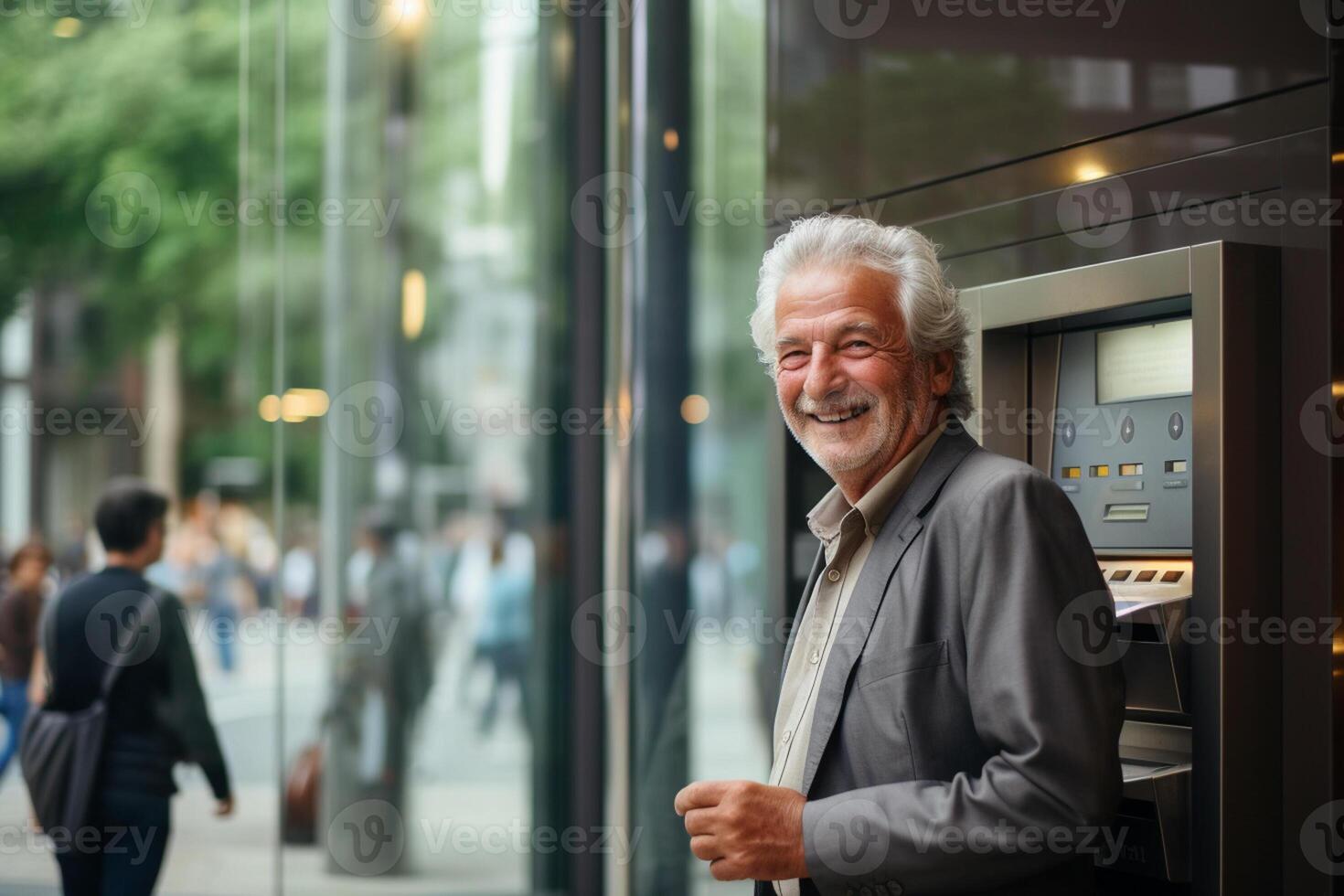 AI generated an old man standing behind atm machine with generative ai photo