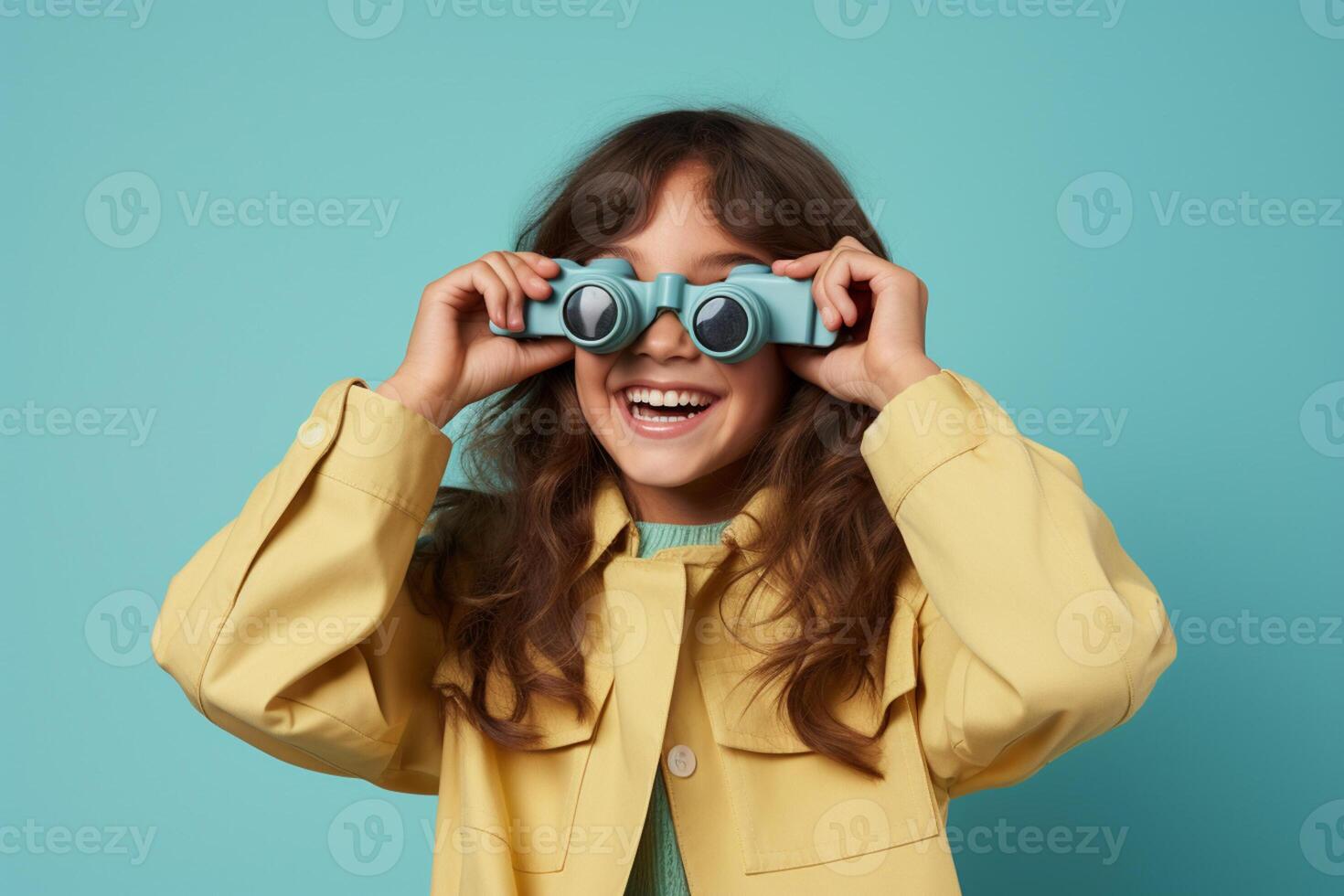 AI generated a young girl kid looking through binoculars with generative ai photo