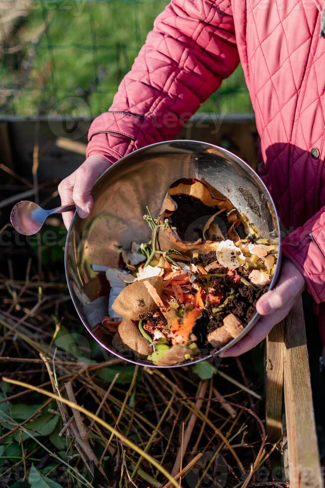 Person who put in a composter some kitchen waste like vegetables, fruits, eggshell, coffee grounds in order to sort and make bio fertilizer photo