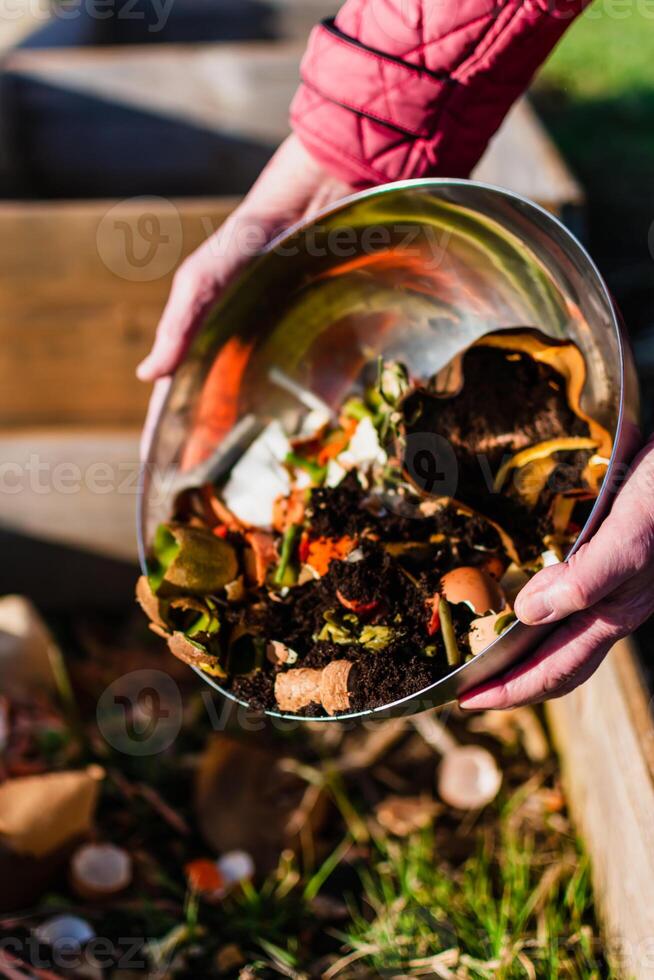 Person who put in a composter some kitchen waste like vegetables, fruits, eggshell, coffee grounds in order to sort and make bio fertilizer photo