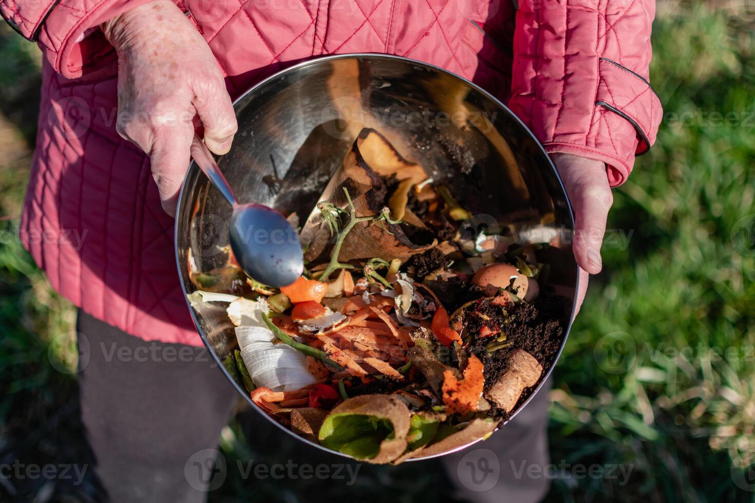 persona quien poner en un compostador algunos cocina residuos me gusta verduras, frutas, cáscara de huevo, café jardines en orden a ordenar y hacer bio fertilizante foto