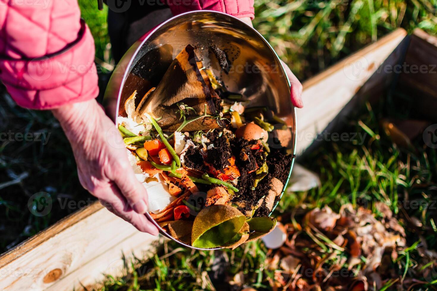 Person who put in a composter some kitchen waste like vegetables, fruits, eggshell, coffee grounds in order to sort and make bio fertilizer photo