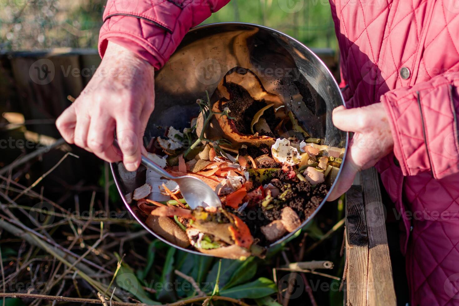 Person who put in a composter some kitchen waste like vegetables, fruits, eggshell, coffee grounds in order to sort and make bio fertilizer photo