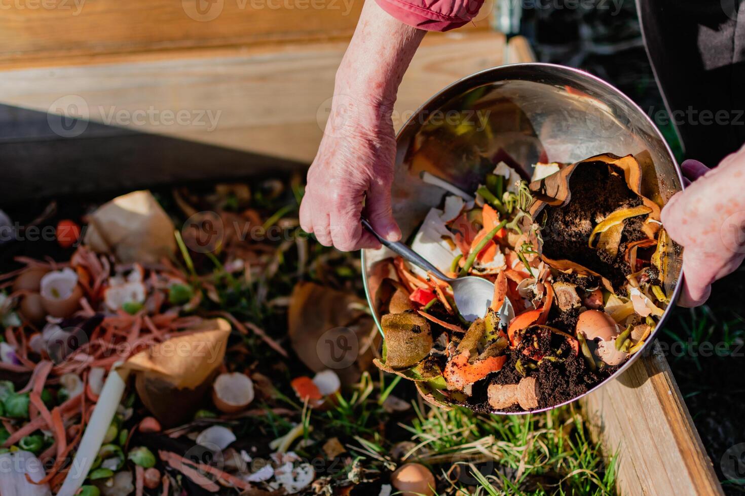 Person who put in a composter some kitchen waste like vegetables, fruits, eggshell, coffee grounds in order to sort and make bio fertilizer photo