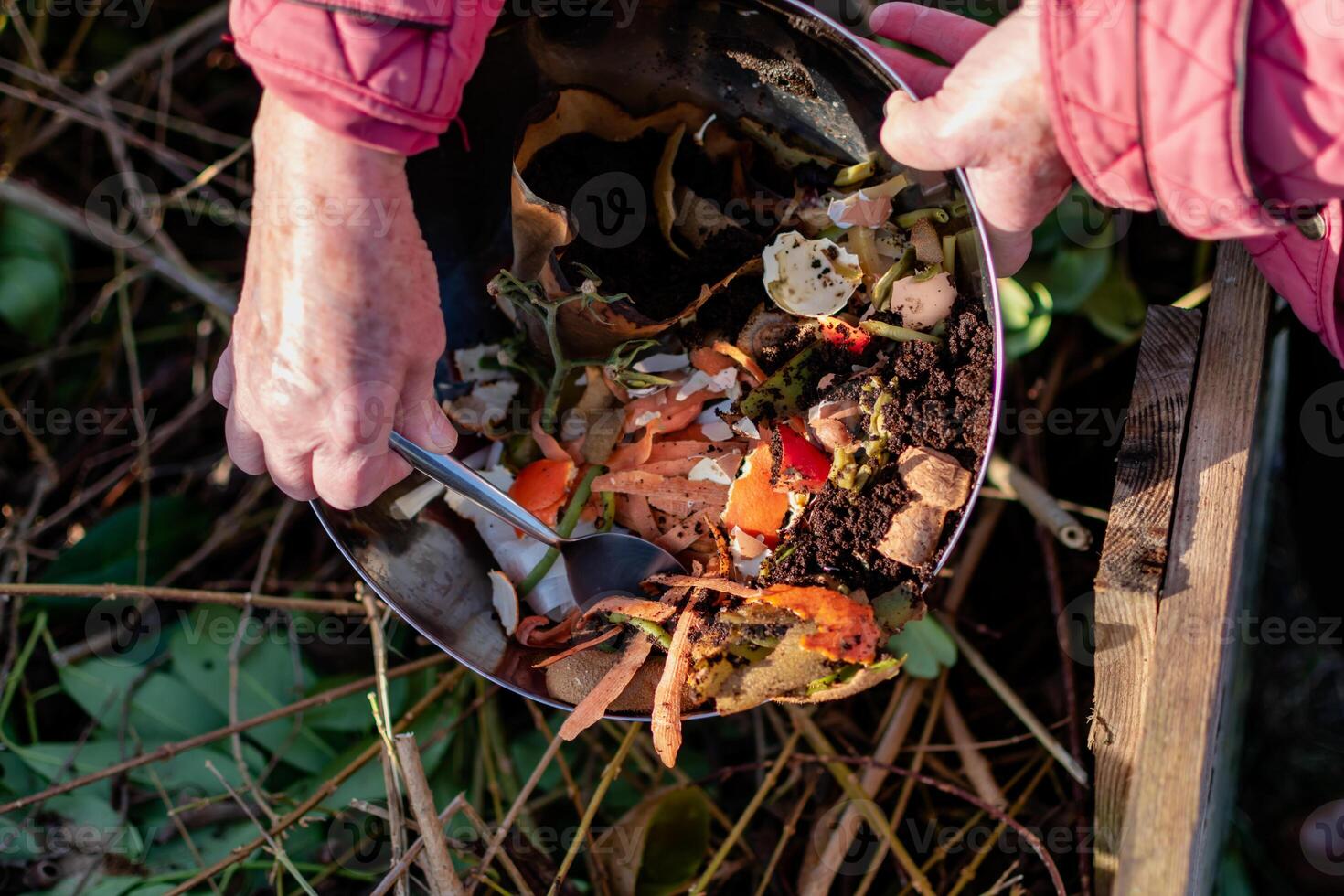 Person who put in a composter some kitchen waste like vegetables, fruits, eggshell, coffee grounds in order to sort and make bio fertilizer photo