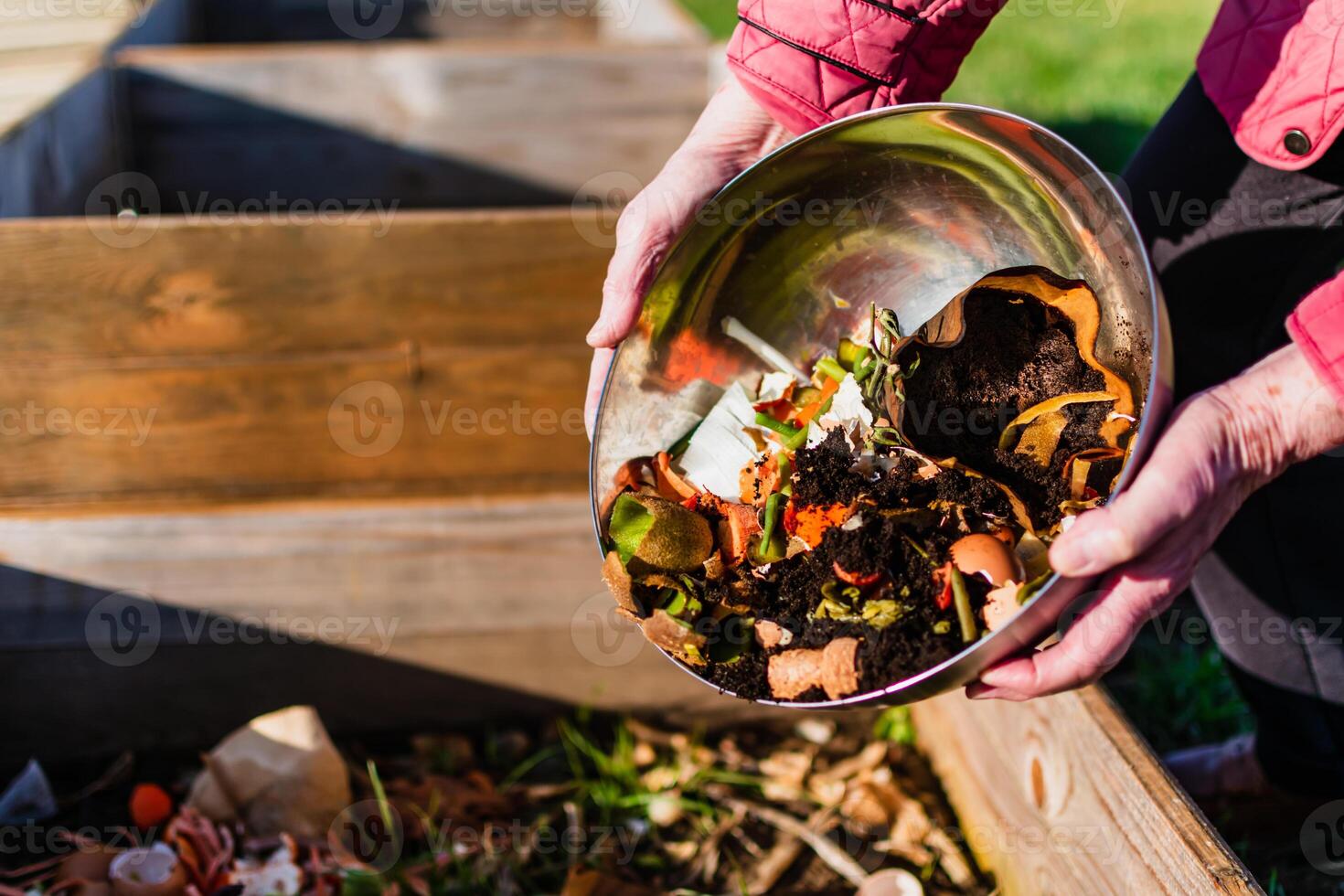 persona quien poner en un compostador algunos cocina residuos me gusta verduras, frutas, cáscara de huevo, café jardines en orden a ordenar y hacer bio fertilizante foto