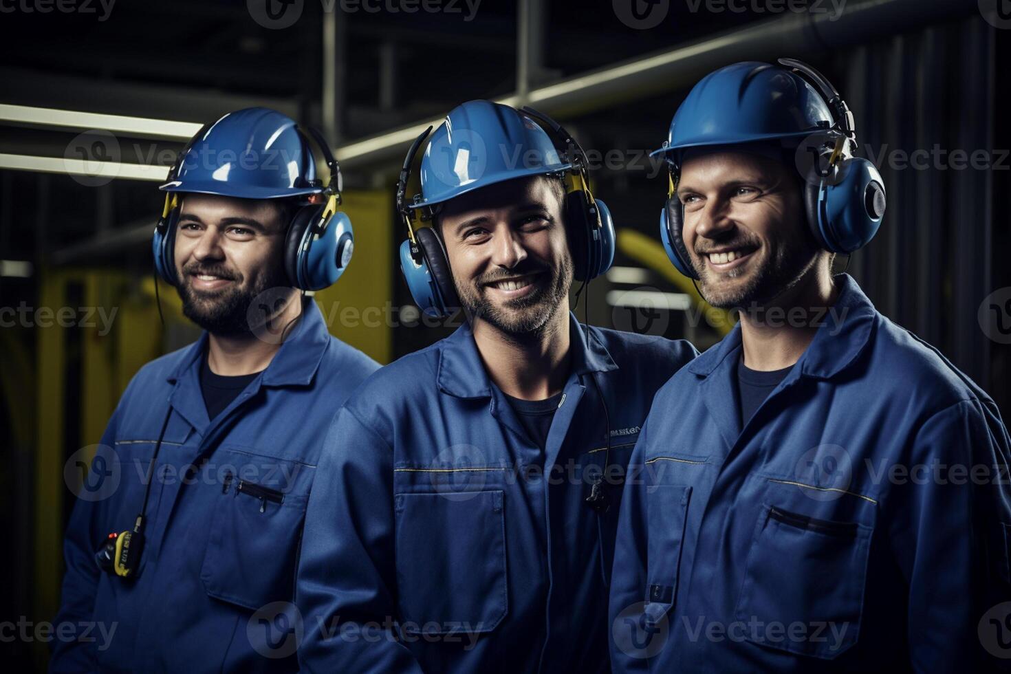 AI generated three maintenance engineer wearing blue uniform smiling bokeh style background with Generated AI photo