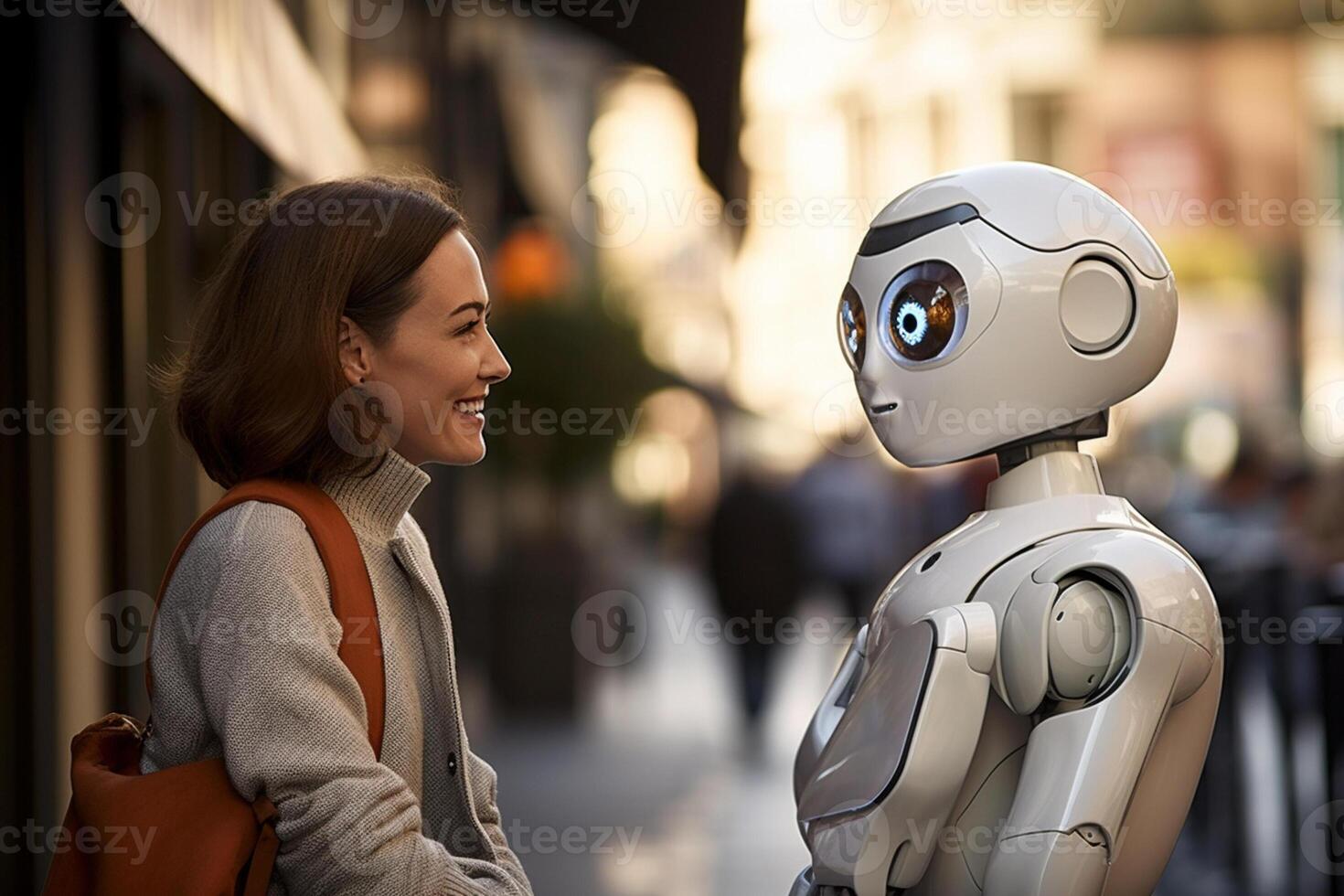 AI generated a woman talking with robot bokeh style background with Generative AI photo