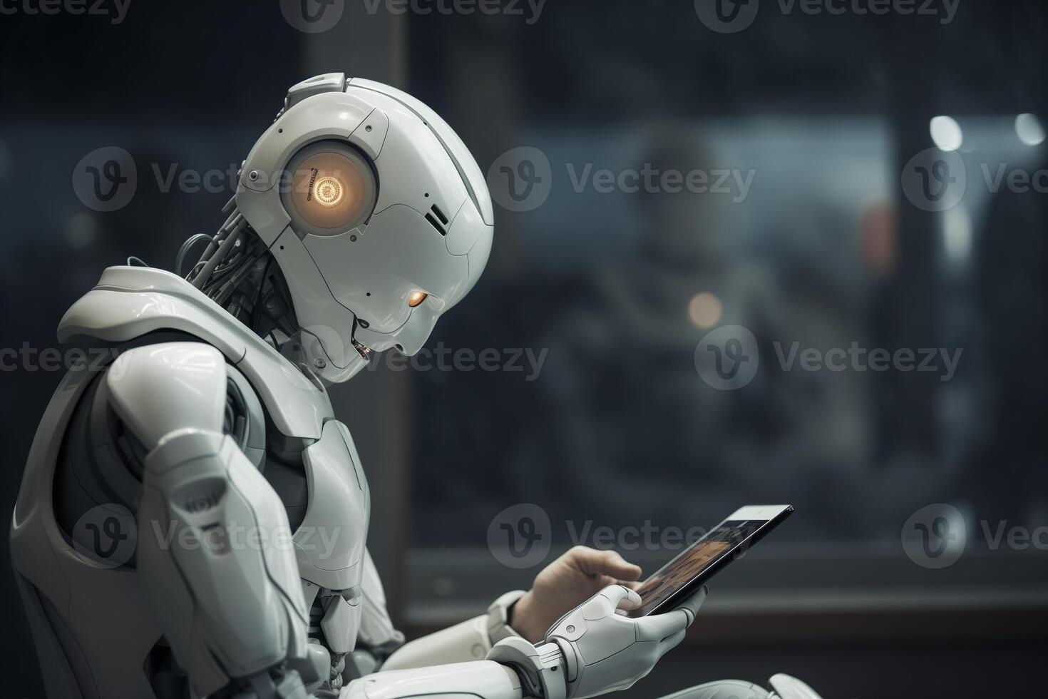 AI generated robot using phone with laptop bokeh style background with generative ai photo