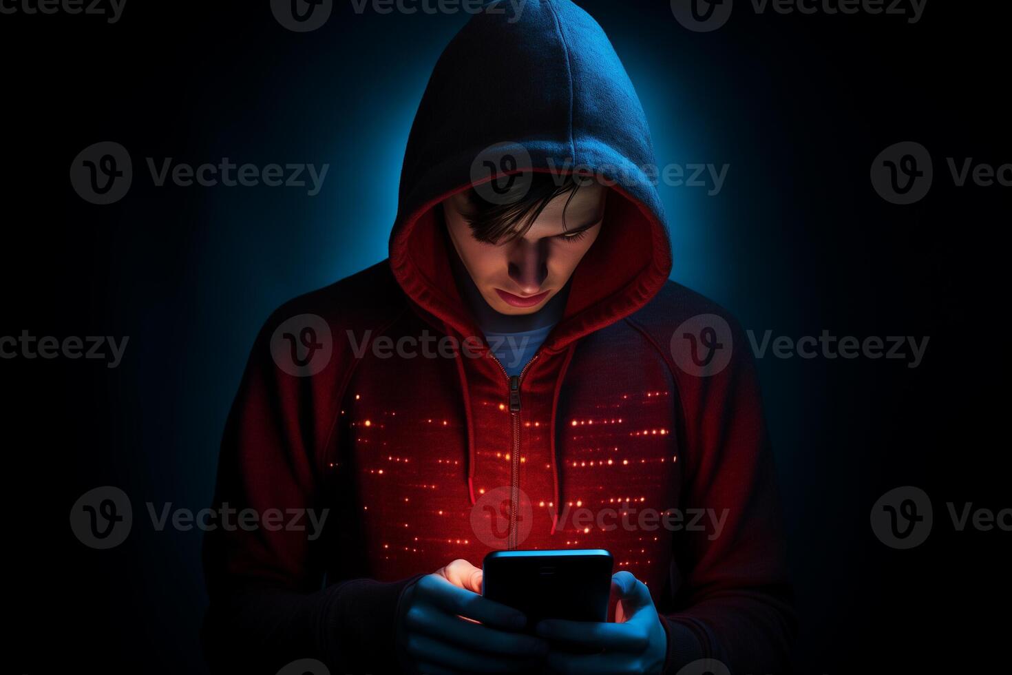 AI generated male hacker hacking from phone with generative ai photo