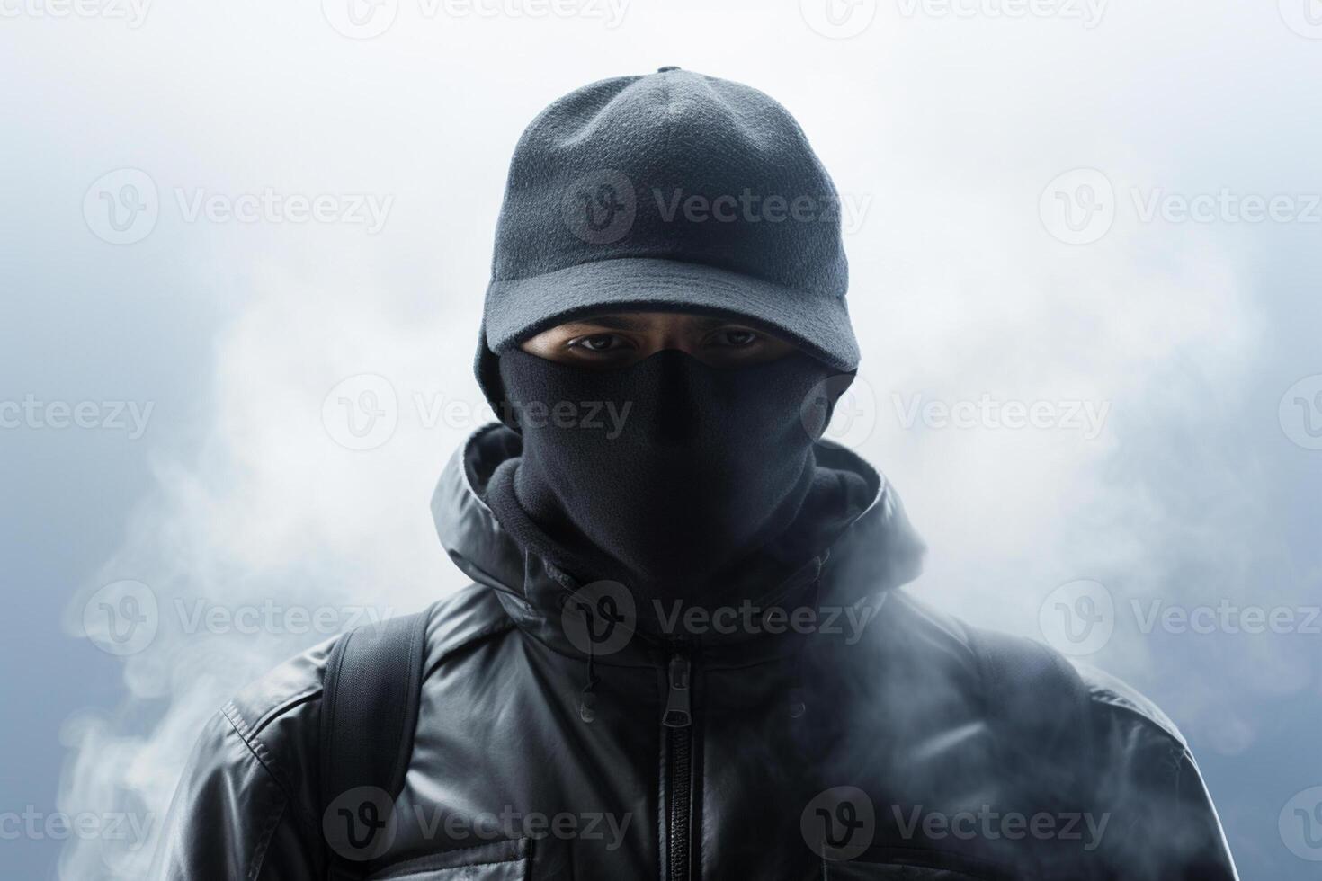 AI generated man wearing a gas mask standing around smoke with generative ai photo