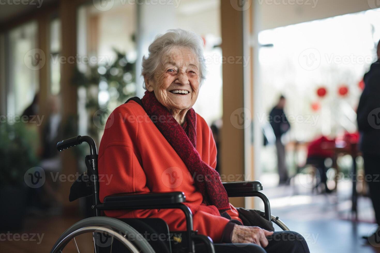 AI generated old disabled woman sitting on wheelchair in the nursing home bokeh style background with generative ai photo
