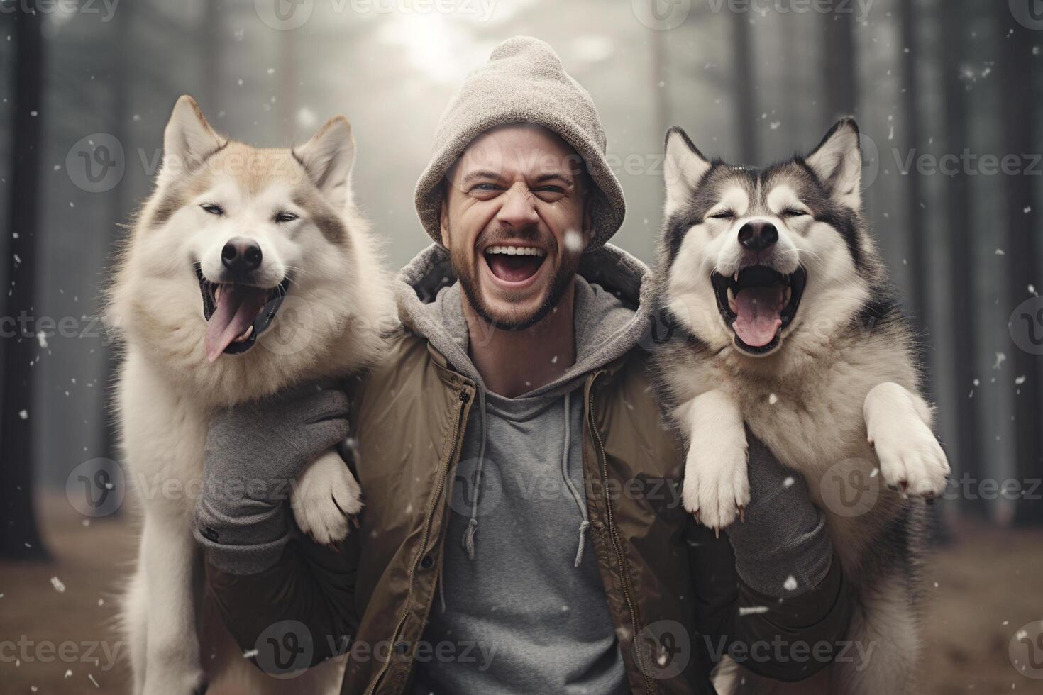 AI generated young man laughing with two huskies dogs bokeh style background with generative ai photo
