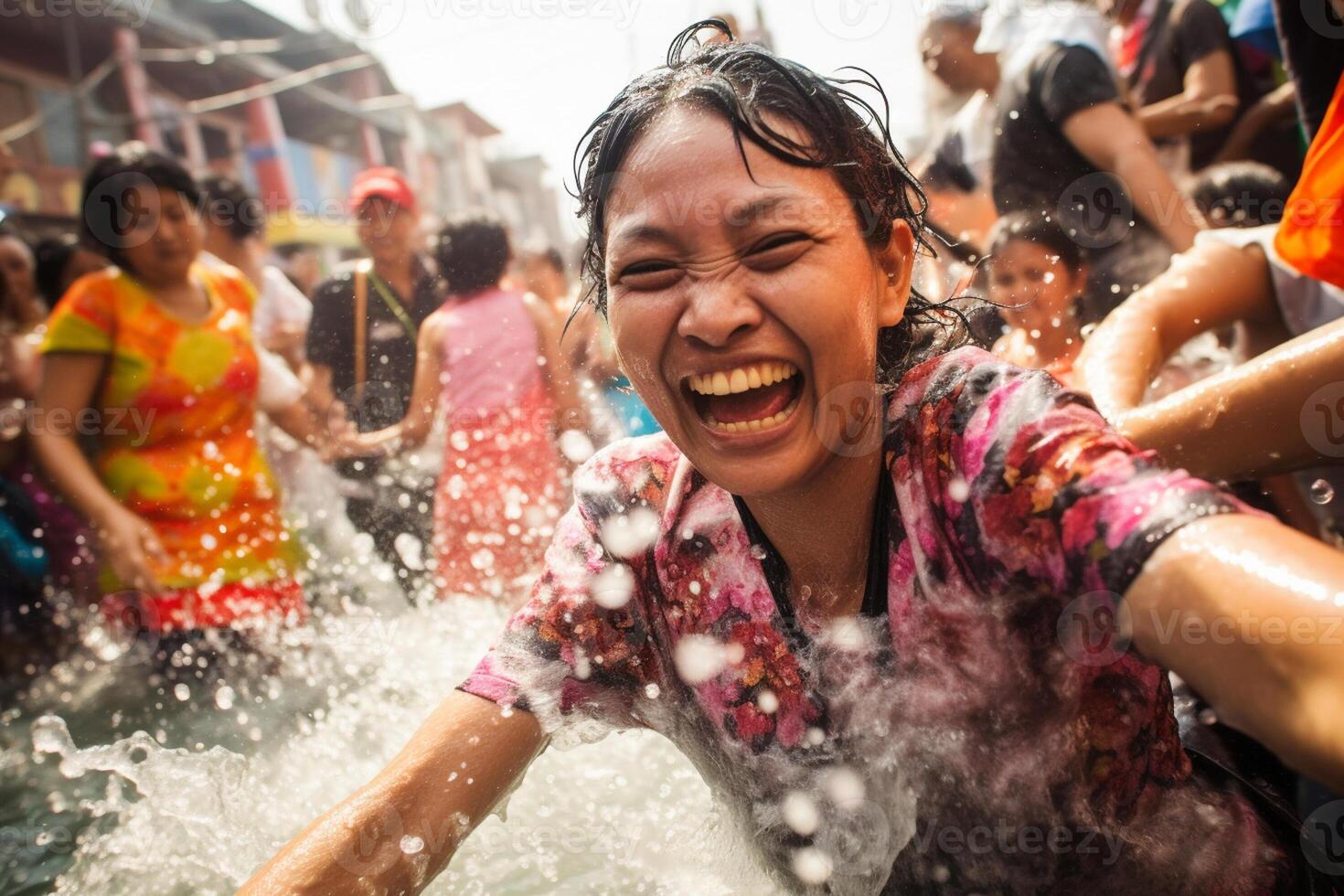 AI generated thai woman playing water in songkran festival bokeh style background with generative ai photo