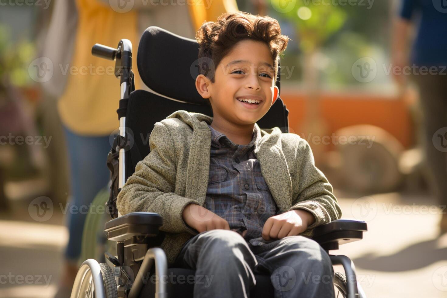 AI generated young disabled boy sitting on wheelchair at school smiling bokeh style background with generative ai photo
