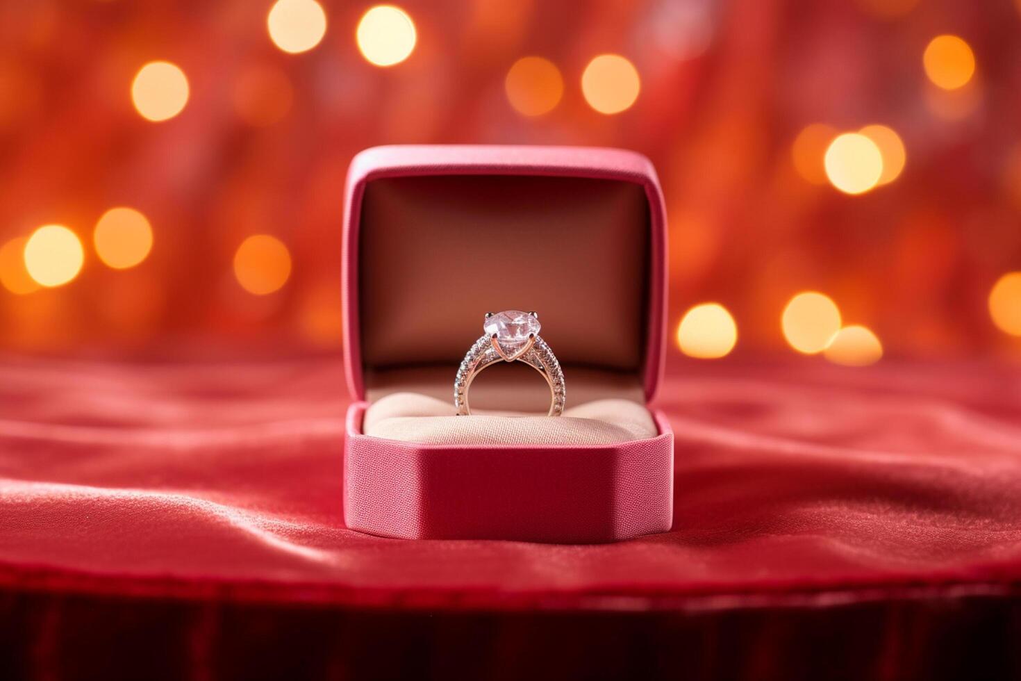 AI generated a diamond wedding ring in a red box bokeh style background with Generated AI photo