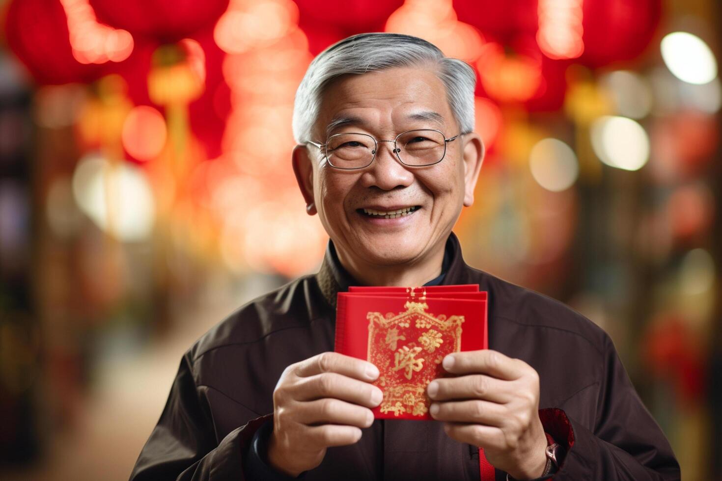 ai generado chino abuelo vistiendo tradicional traje y participación aung pao bokeh estilo antecedentes con generativo ai foto