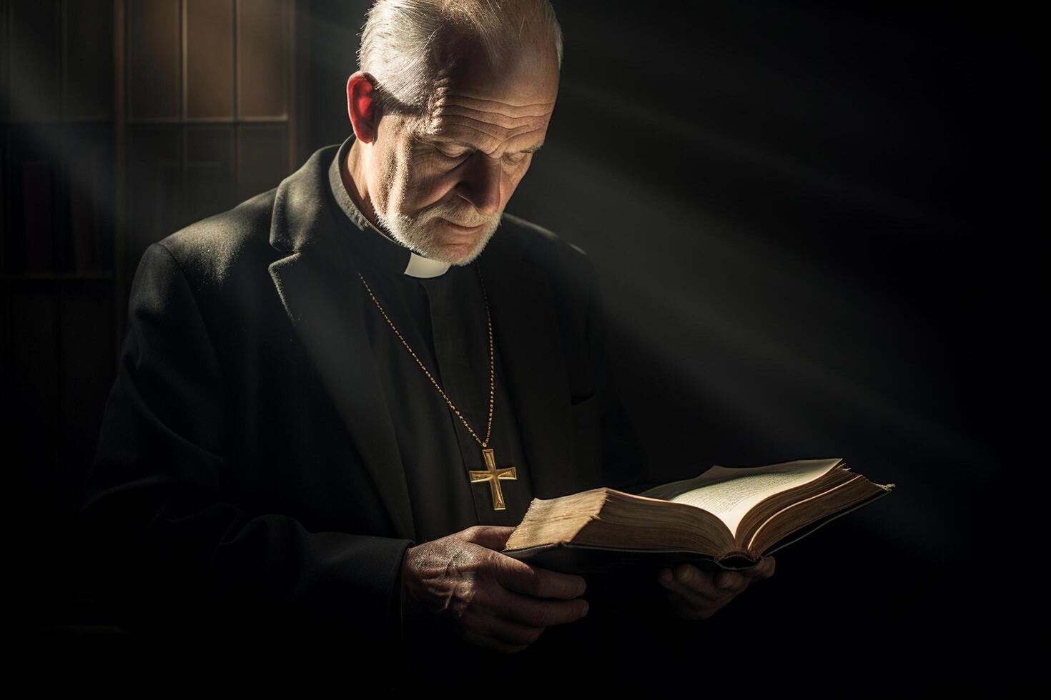 AI generated older pastor holding bible with generative ai photo