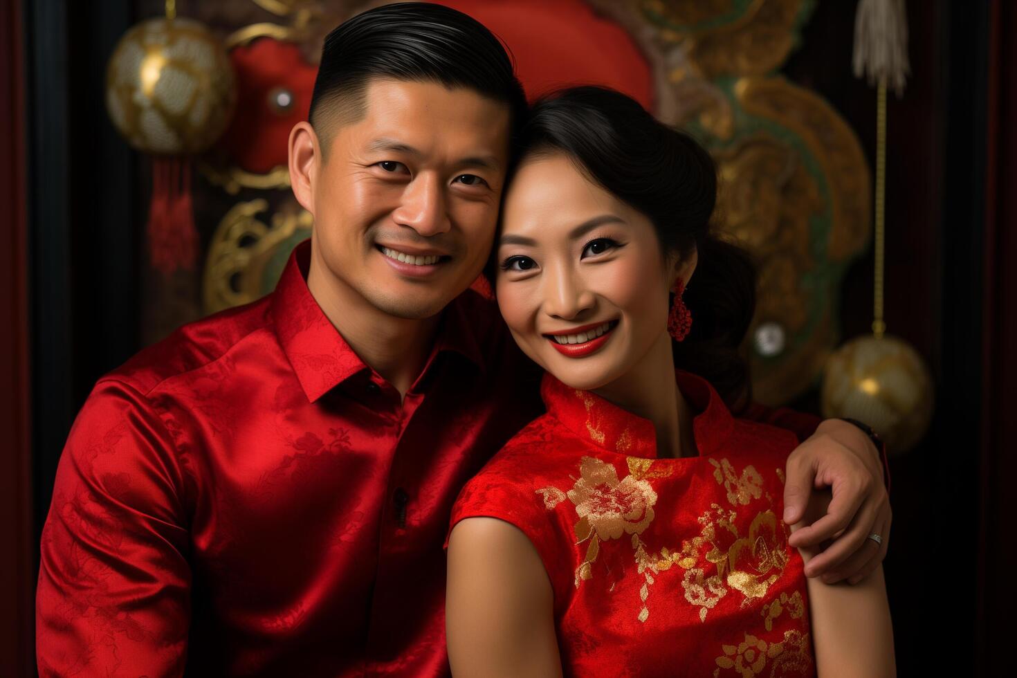 AI generated chinese couple in traditional clothes with generative ai photo