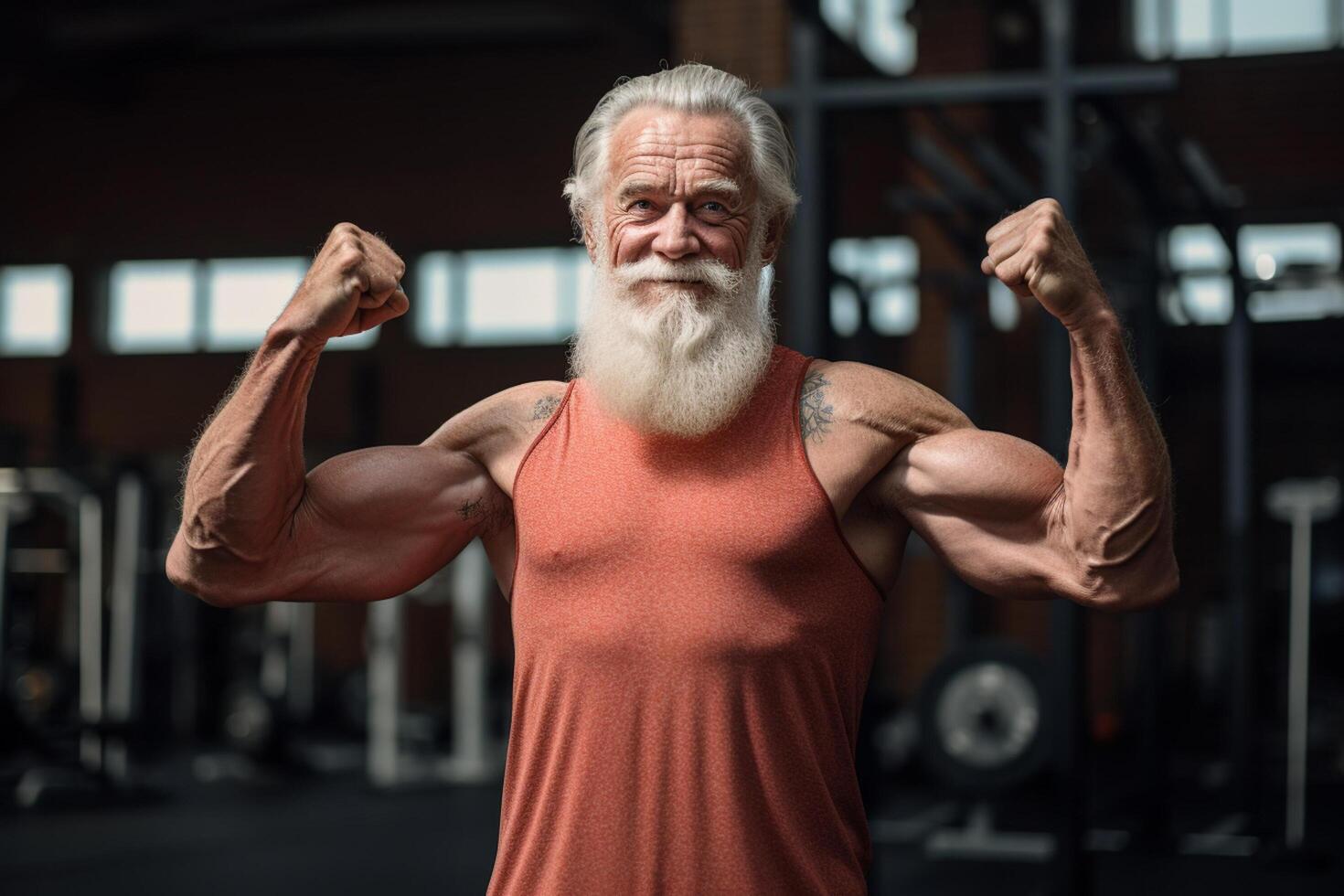 AI generated an elderly man show his muscle in the gym bokeh style background with Generative AI photo