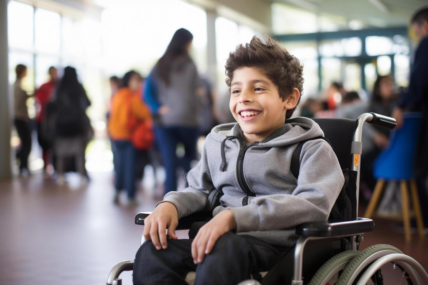 AI generated young disabled boy sitting on wheelchair at school smiling bokeh style background with generative ai photo