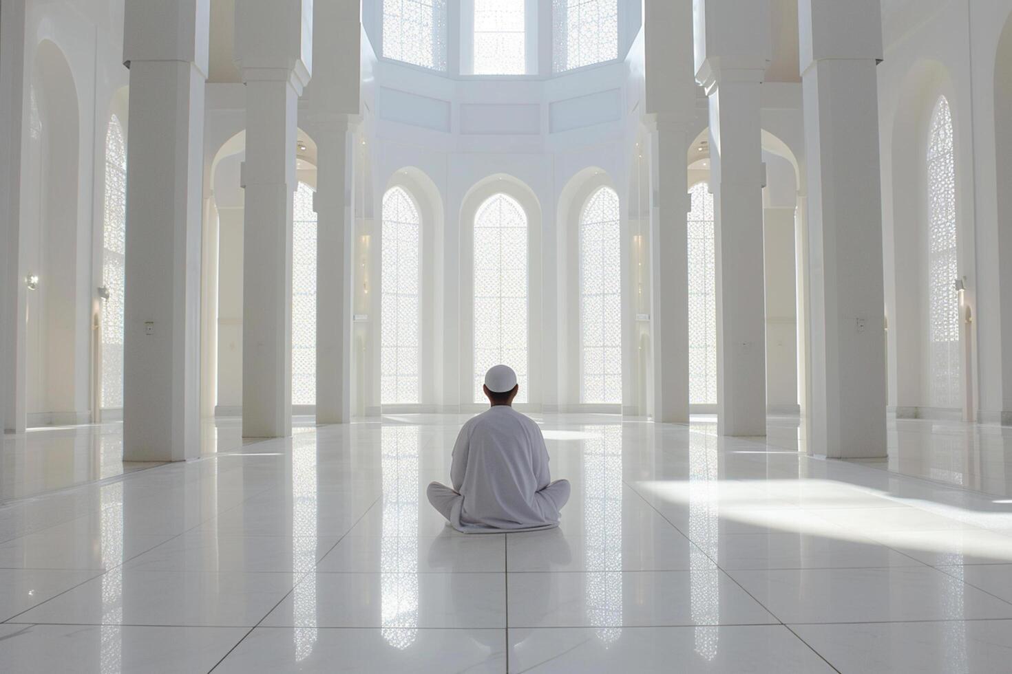 AI generated muslim man praying in the masjid with generative ai photo