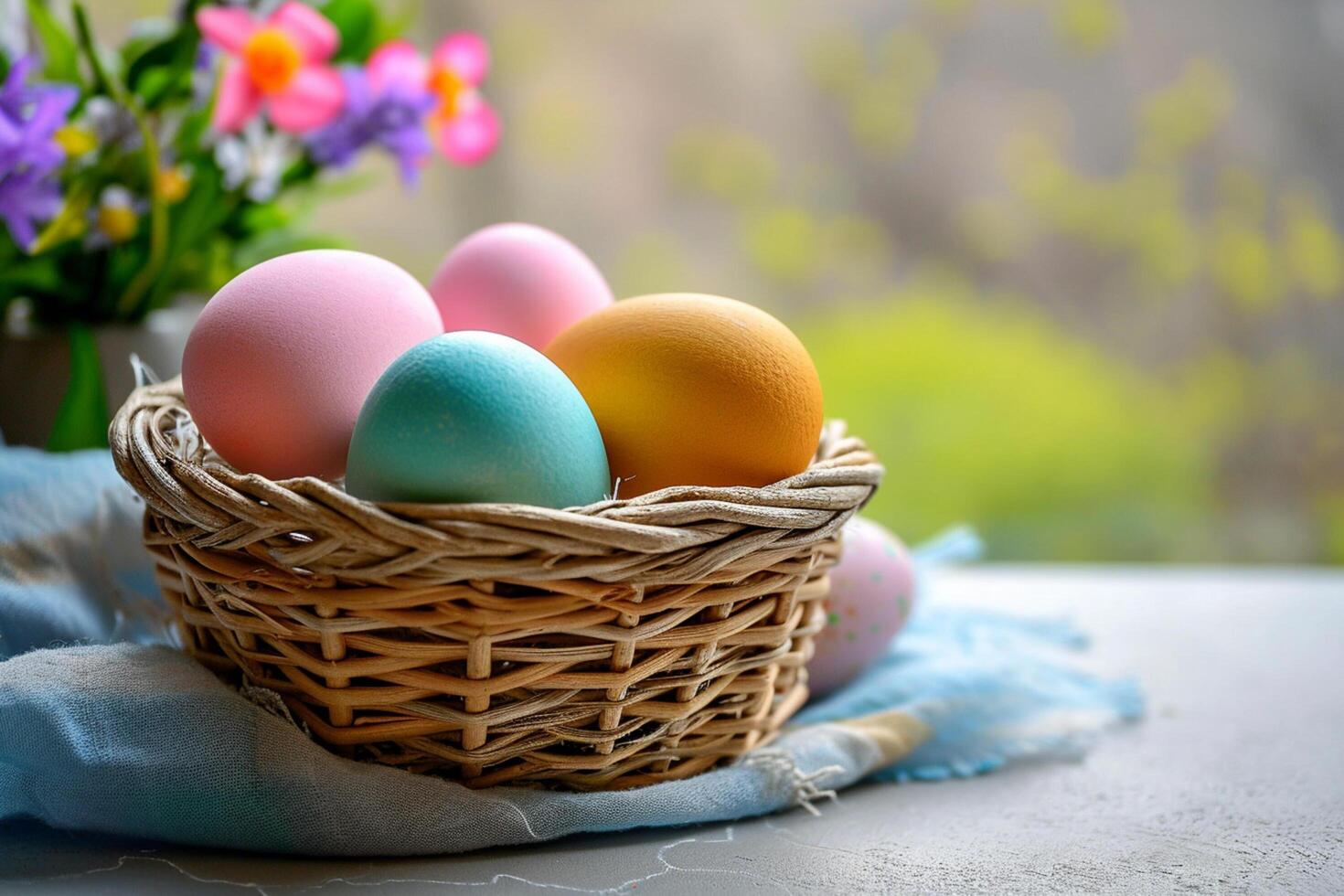 ai generado vistoso pastel Pascua de Resurrección huevos cesta bokeh estilo antecedentes con generativo ai foto