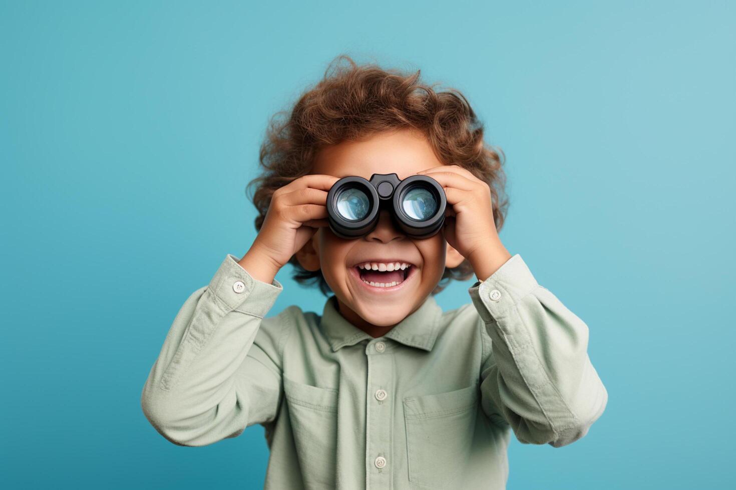 ai generado un joven chico niño mirando mediante prismáticos con generativo ai foto