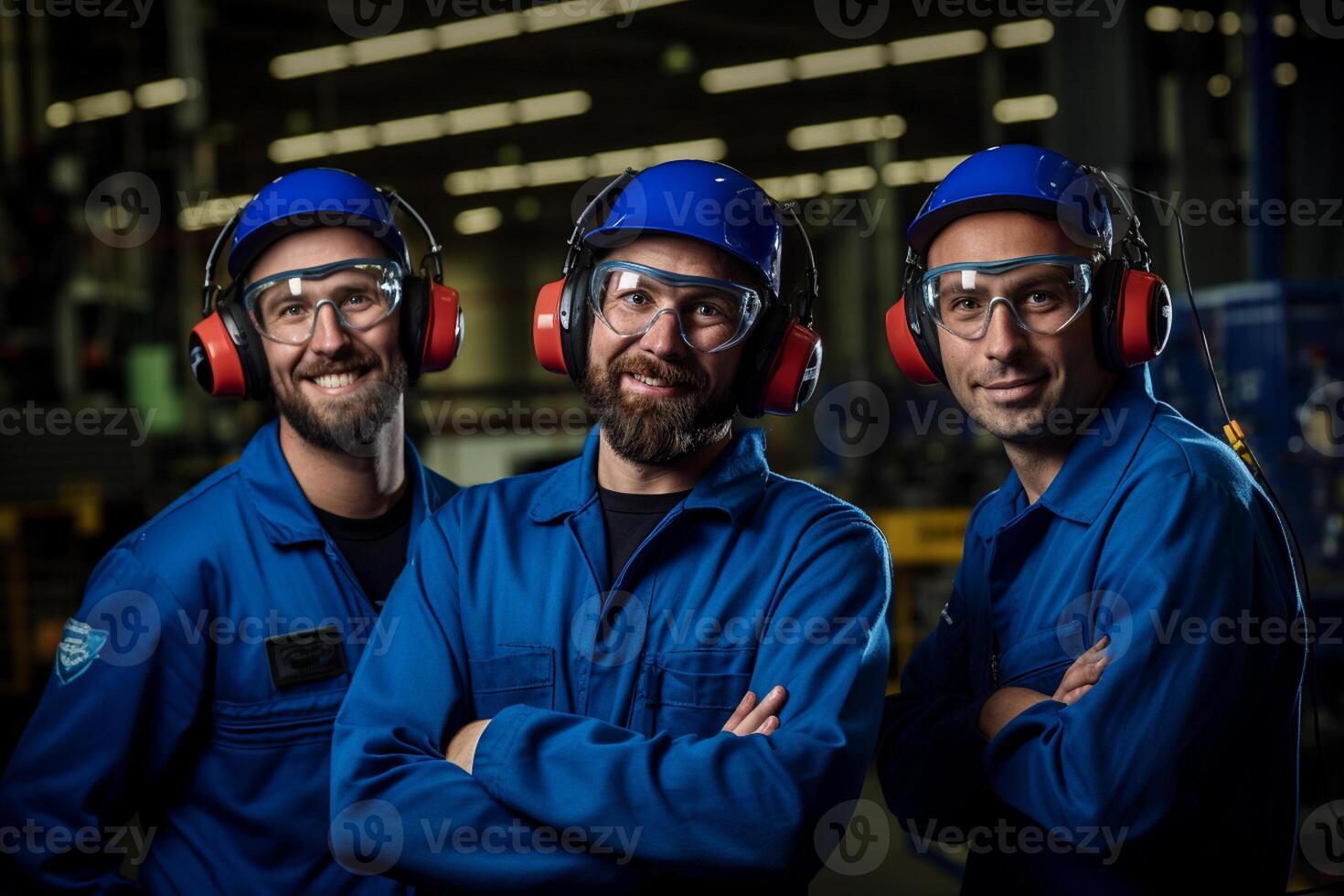AI generated three maintenance engineer wearing blue uniform smiling bokeh style background with Generated AI photo