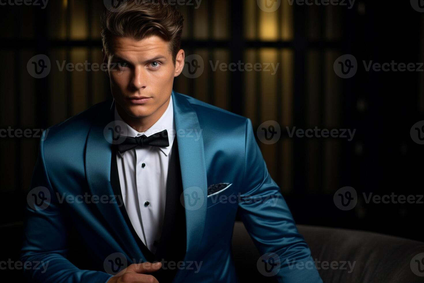 AI generated handsome man model wearing blue tuxedo bokeh style background with Generated AI photo