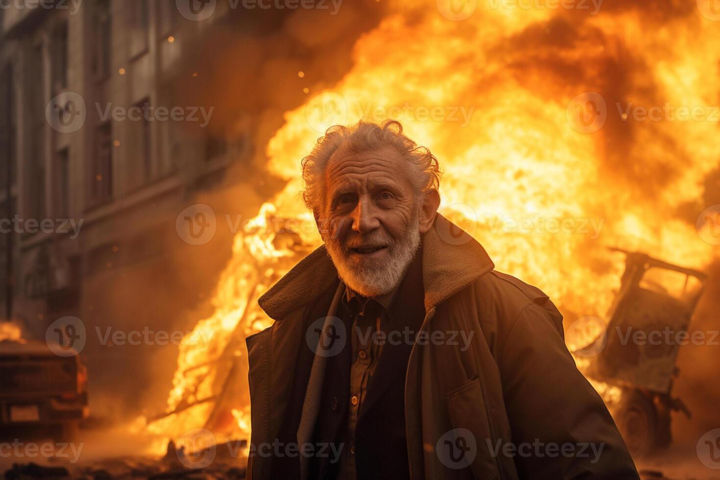 AI generated an old man standing in front of a burning building bokeh style background with Generative AI photo