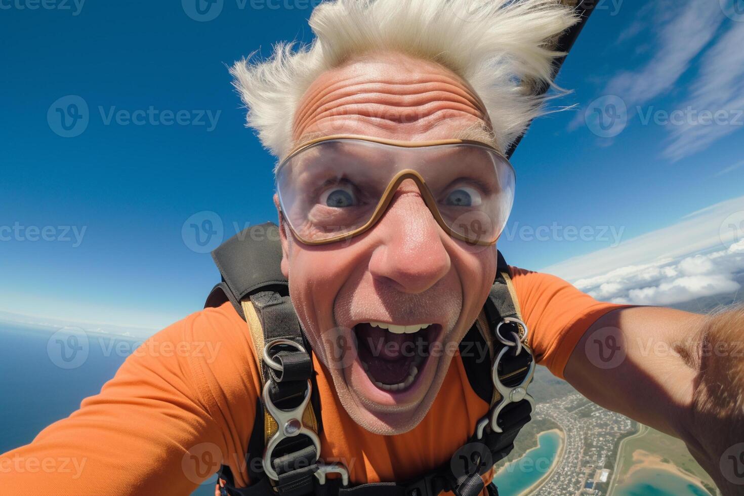 AI generated an old man taking a selfie while skydiving with Generated AI photo