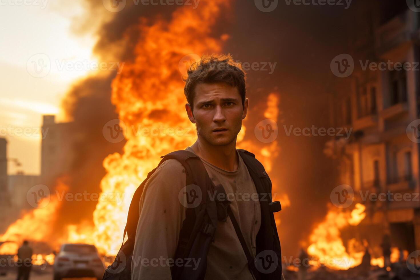 AI generated a man standing in front of a burning building bokeh style background with Generative AI photo