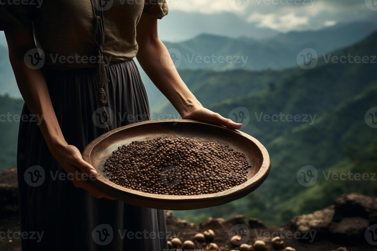 AI generated a woman holding a wood tray of coffee beans in front of nature background bokeh style background with Generative AI photo