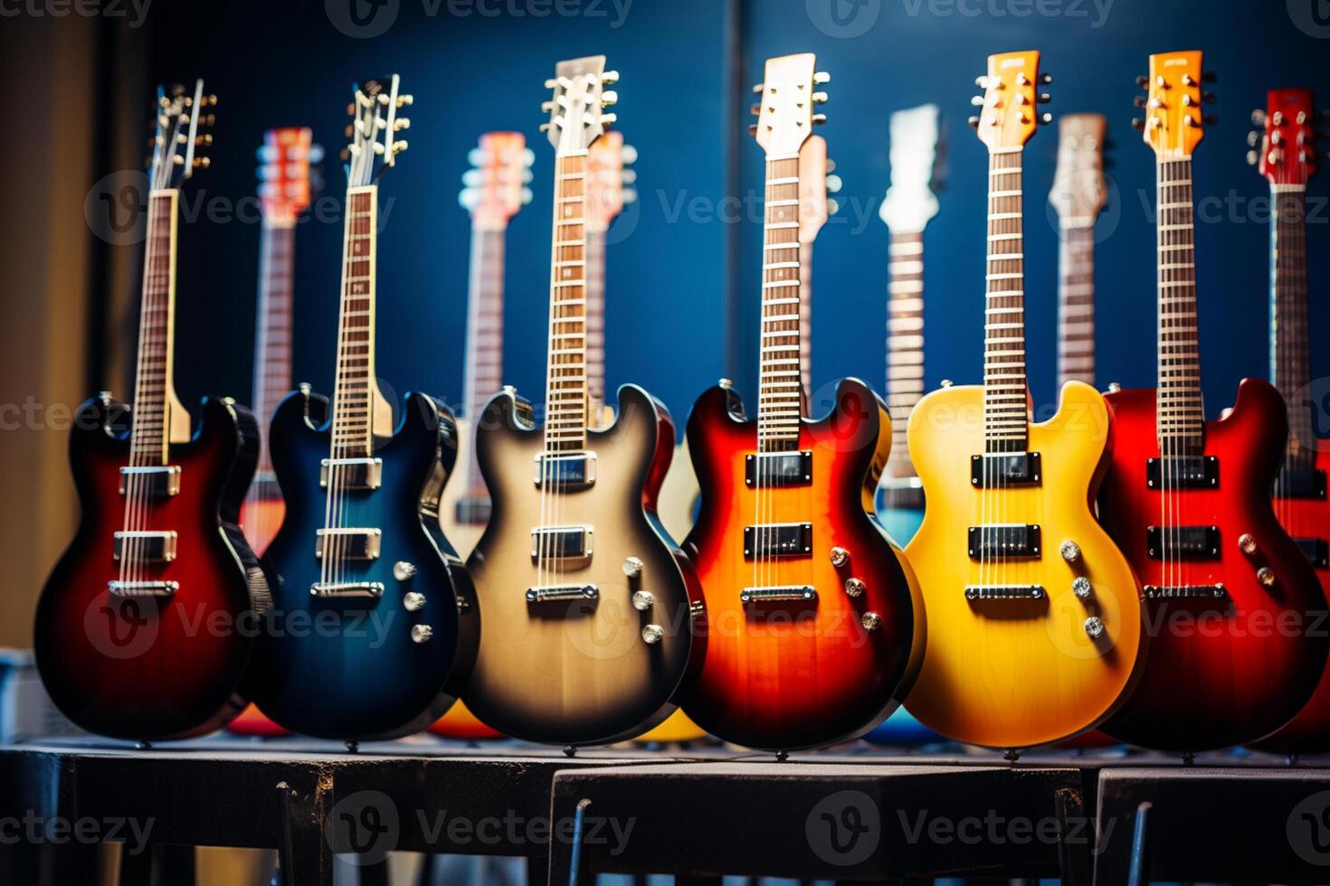 AI generated several of electric guitars bokeh style background with Generative AI photo