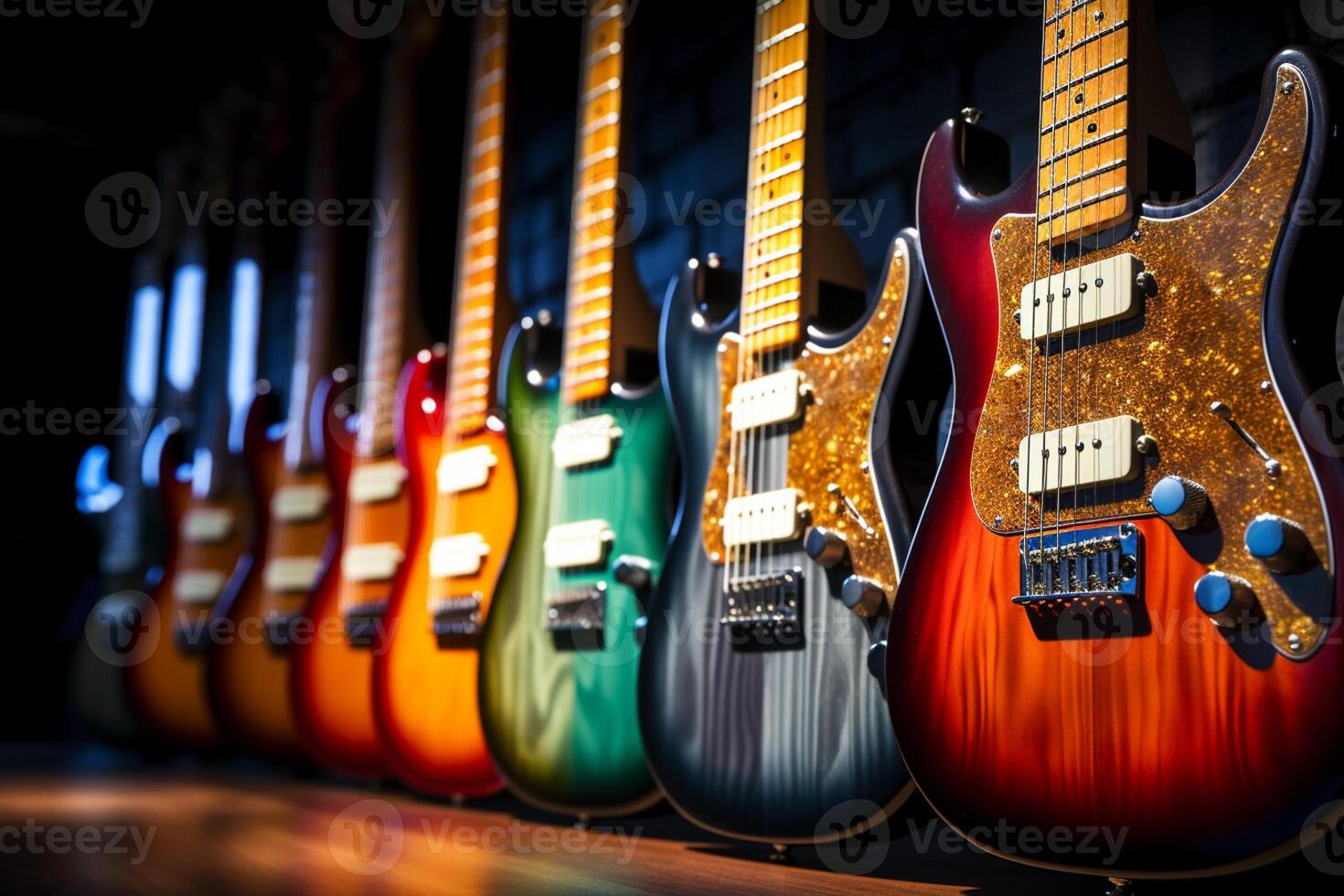 AI generated several of electric guitars bokeh style background with Generative AI photo