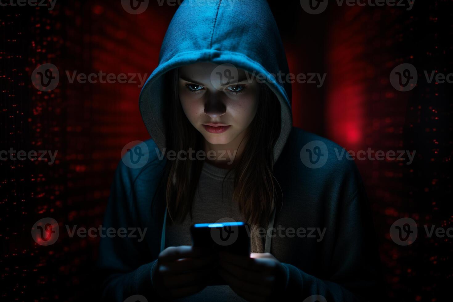 AI generated female hacker hacking from phone with generative ai photo