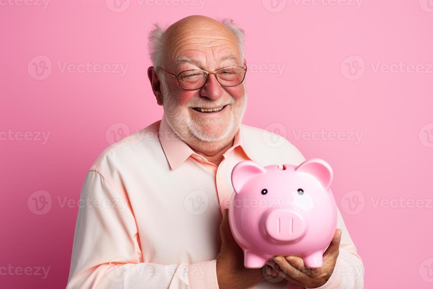 AI generated old man holding piggy bank with generative ai photo