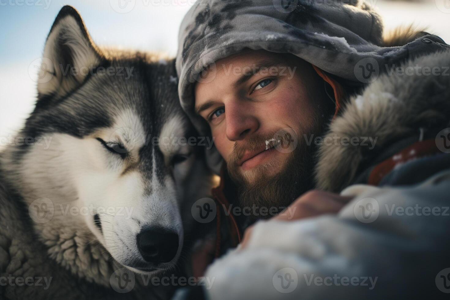 AI generated young man hugging with his husky dog with generative ai photo